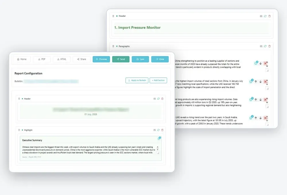 Report configuration builder layered over structured bulletin paragraphs.