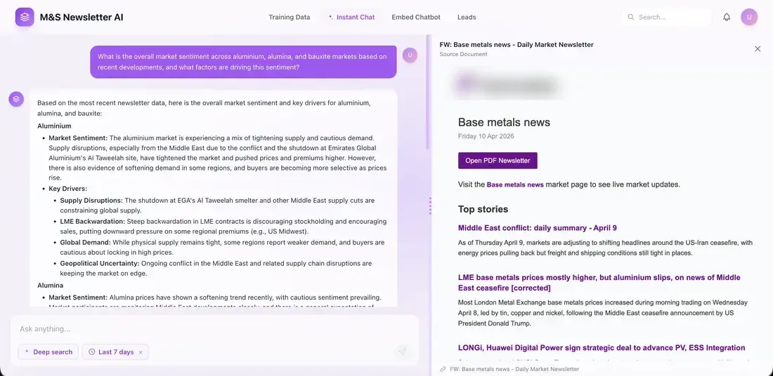 AI market intelligence chatbot querying commodity intelligence with adaptive search and traceable sources.